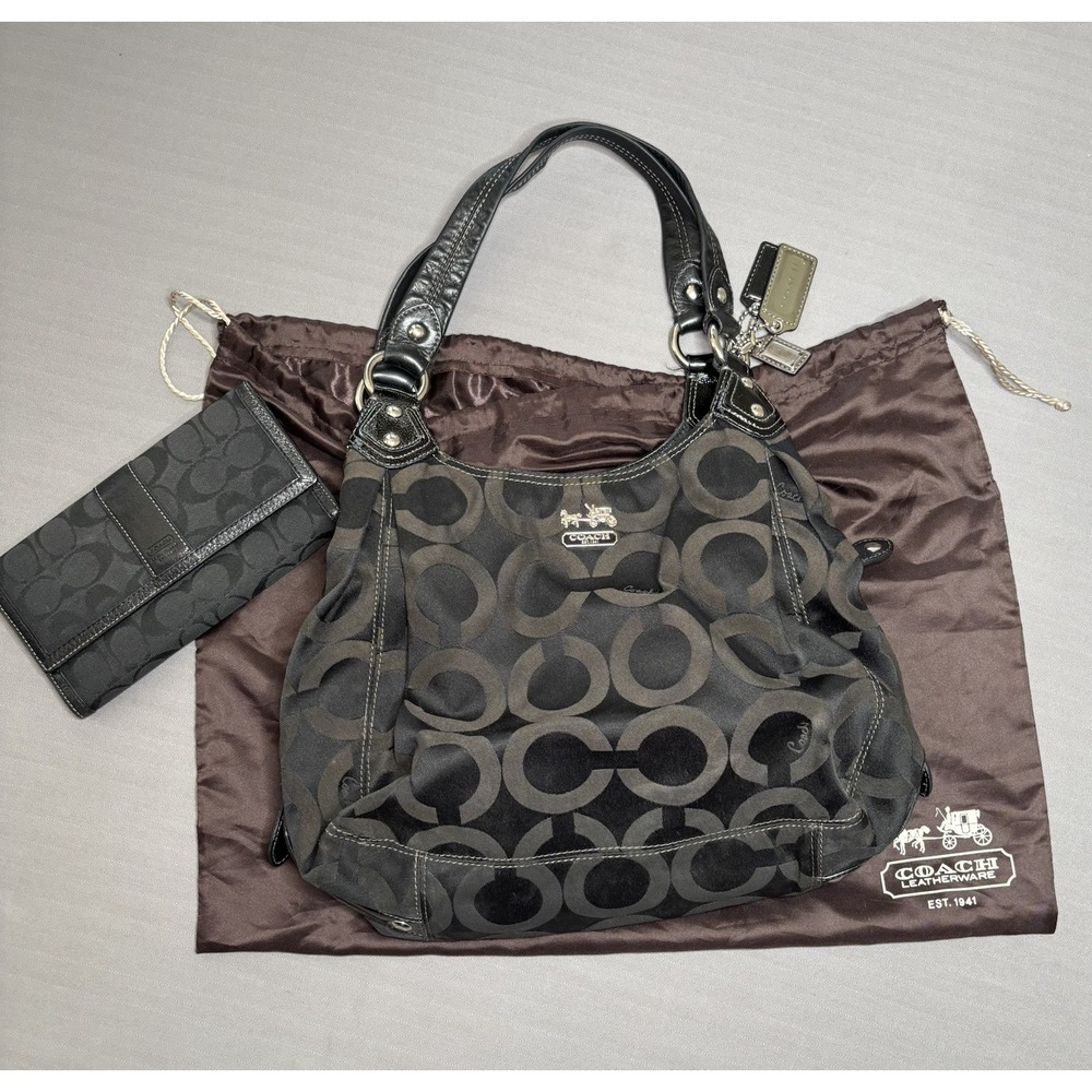 Coach Madison OP Art Maggie Black Handbag Set with Matching Wallet & Dustbag